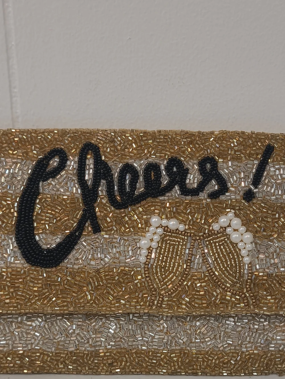 Beaded 'Cheers' Gold and Silver Party Clutch with Pink Bottle and Pearl Accents